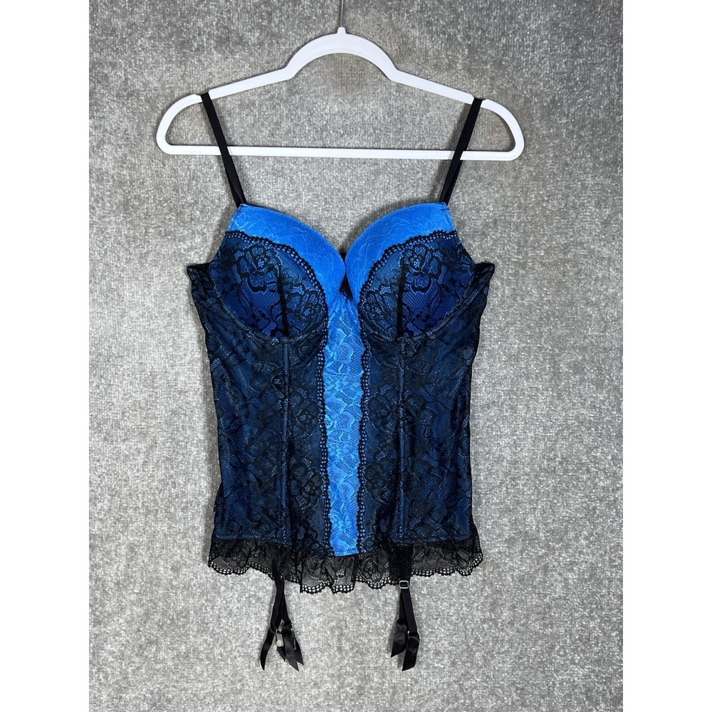 Fredericks Of Hollywood Floral Lace Corset Bustier Lingerie Womens XL Blue Black
